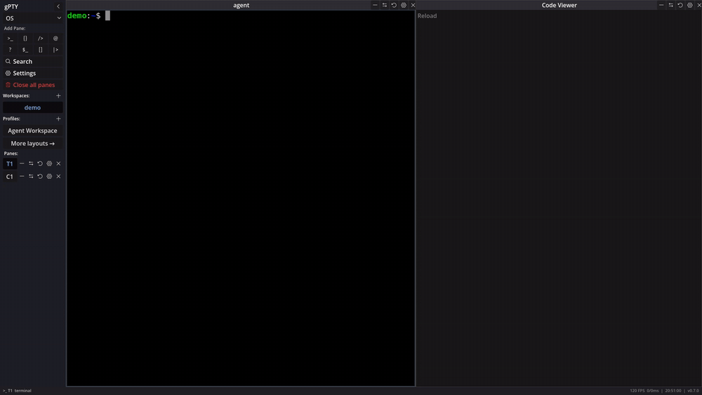 A script drives gPTY: cat routes into a viewer pane, pane-run opens a build pane, pane-wait blocks on its output, new-pane streams git log