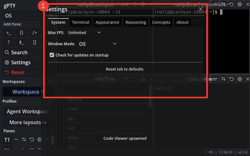 The Settings panel in an 800 by 500 window on v0.5.6