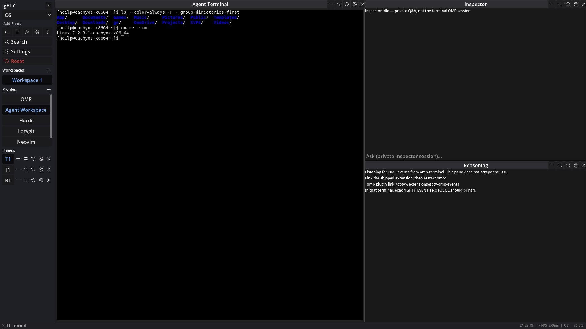 The Agent Workspace profile: Agent Terminal, Inspector and Reasoning