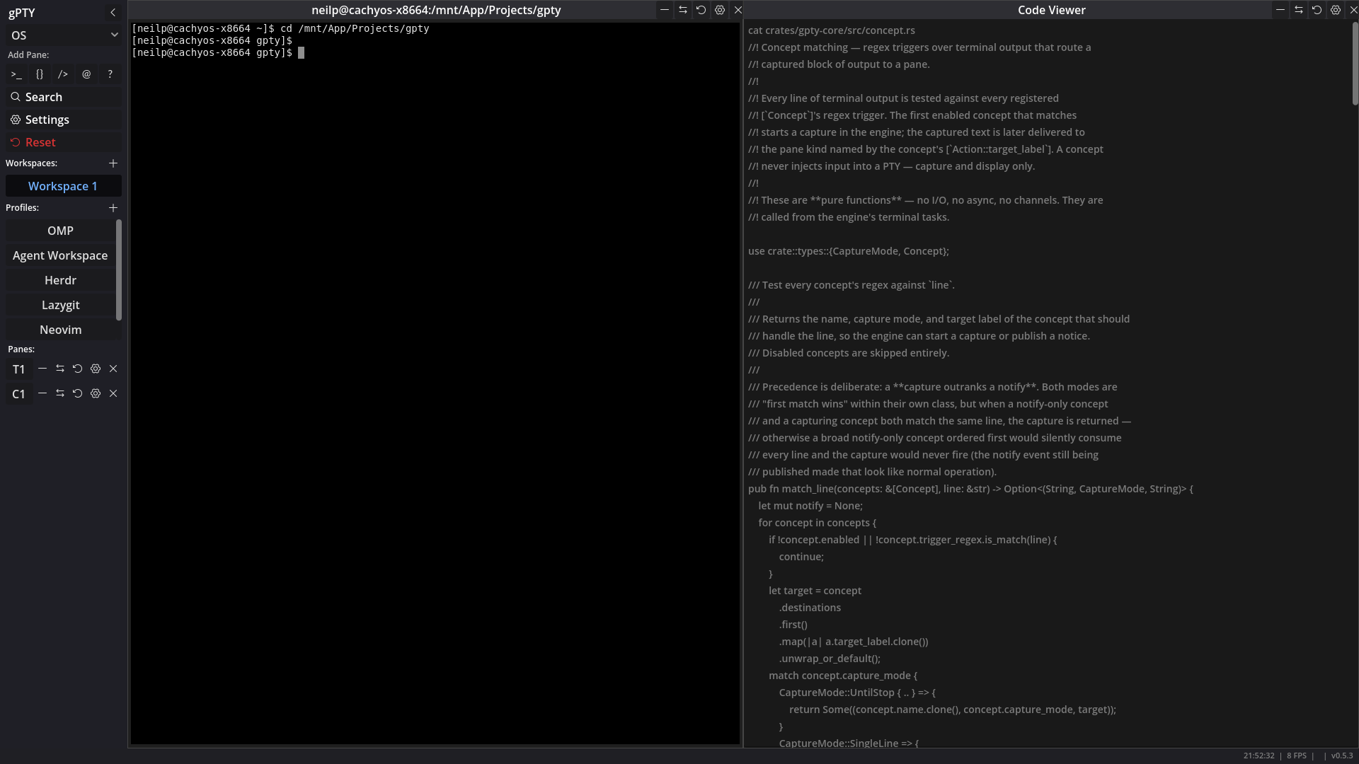 A cat capture routed into the Code Viewer pane