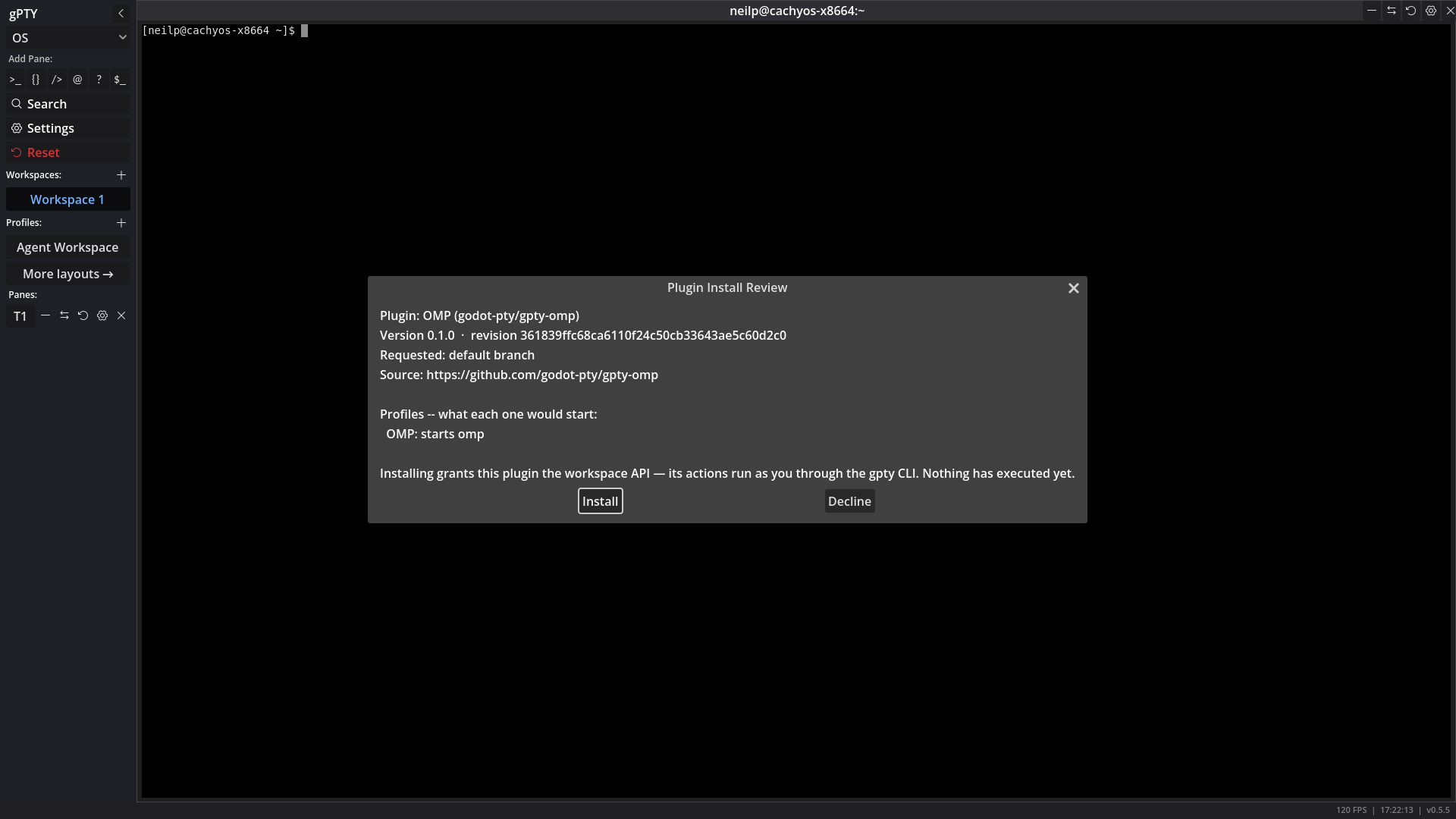 The install review for godot-pty/gpty-omp: what it declares, resolved to the revision it would pin, and what its profile would start